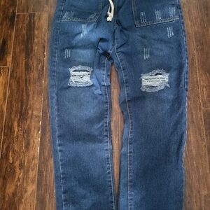 Women's Distressed Dark Blue Pull-on Denim Jeans